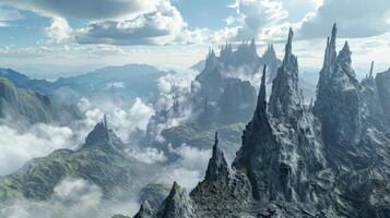 A mountain range made up of jagged sharp rock formations resembling a fearsome dragons spine photo