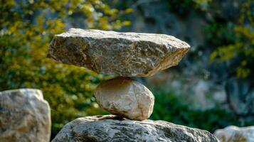 A massive stone balancing precariously on a smaller rock defying gravity and human understanding photo