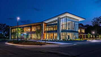 The renovated and expanded building shining brightly at night with its new features and structures standing tall representing a successful renovation and expansion project photo