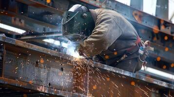 A worker uses a welding torch to join two metal pieces together which will eventually form part of the roof of the underpass photo