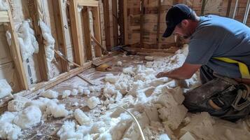 A contractor evaluating the thickness and placement of existing insulation before adding more to a renovation project photo