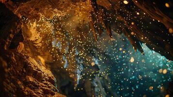 A large chamber in the cave is filled with millions of glow worms their tiny dots of light creating a starry night sky photo