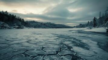 A serene and frozen lake its surface covered in cracks caused by the expansion of the water as it freezes photo
