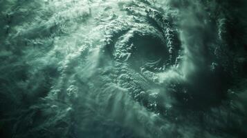 A still image of the eye of a hurricane displaying dark and foreboding clouds forming a perfect circle photo