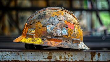 A worn and tattered hard hat adorned with stickers and scuff marks serving as a symbol of a hardworking construction worker photo