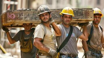 Three workers carrying a heavy load together demonstrating the importance of teamwork and proper lifting techniques photo