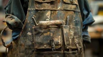 A sy work apron covered in stains and markings used to hold smaller tools and keep the workers clothes clean photo