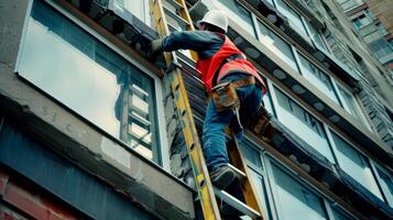 A ladder propped up against the side of the building with a worker carrying tools and materials up to the roof photo