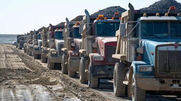 A long line of dump trucks waiting to unload sand and gravel needed for the foundation of a new building photo