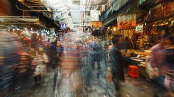 A distorted image of a bustling marketplace with vendors and shoppers appearing and disappearing photo