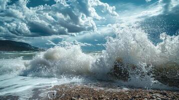 A peaceful beach turns into a chaotic scene as a rogue wave suddenly crashes upon the shore photo