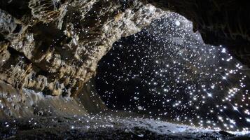A breathtaking view of a cave opening framed by a curtain of thousands of small cave pearls sparkling like stars in the darkness photo