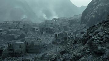 The eerie aftermath of a pyroclastic flow with thick layers of ash covering an abandoned town and its former inhabitants photo