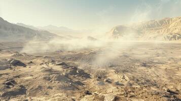 A barren desert scene where the ground appears to be boiling and releasing steam into the scorching atmosphere photo