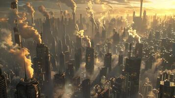 A scifi inspired cityscape with towering buildings and steam rising from the ground due to the advanced geothermal technology used to power the city photo