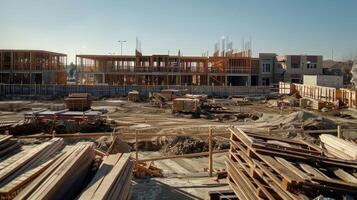 A rotating shot of the building site featuring the temporary safety railings prominently in the foreground and emphasizing their importance in the construction process photo