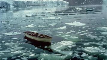 A small boat navigates cautiously through the crowded waters carefully avoiding the floating icebergs photo