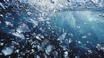 A view of a sea ice melt pond from below with shards of ice floating on the surface like delicate gems photo