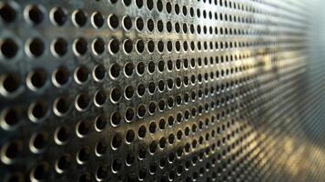 A detailed shot of a perforated metal sheet revealing the varying sizes and angles of the perforations creating a visually dynamic texture photo