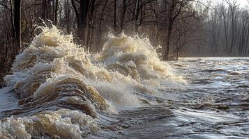 The peaceful flow of the river is abruptly interrupted by a massive wave foaming and crashing against the riverbanks photo