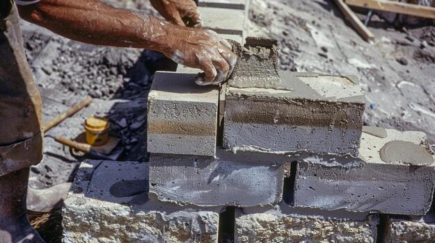 A worker adding a layer of mortar in between the blocks securing them together and creating a cohesive structure photo