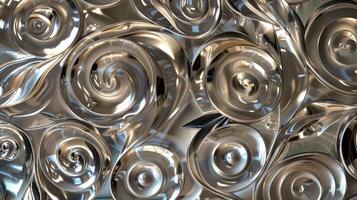 Glistening metallic swirls and intricate geometric shapes create a visually captivating pattern on the reflective metal surface photo