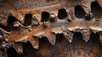 A textured image of a rusted sprocket with deep grooved lines etched into the metal showcasing the effects of years of exposure to the elements photo