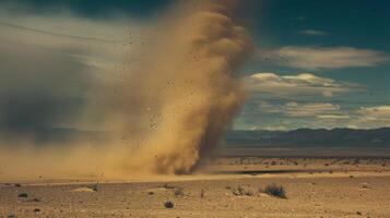 A dust devil appearing to dance across the desert leaving a trail of dust and debris in its wake photo