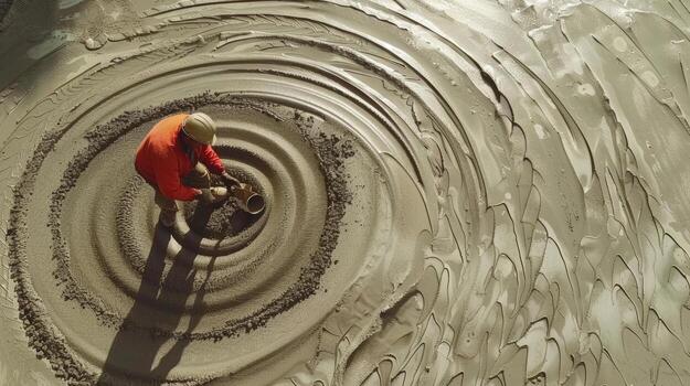 A timelapse shot of a worker creating a beautiful smooth swirl pattern in the surface of freshly vibrated concrete using a specialized vibrating tool photo
