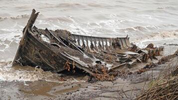 The mangled debris of a shipwreck is tered on the shore a grim reminder of the power of rogue waves photo