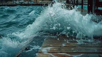 The calm waters of a harbor are interrupted by the sudden crash of a rogue wave against the dock photo