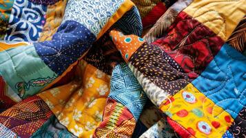 A patchwork quilt featuring fabrics from different cultural backgrounds celebrating diverse memories and experiences photo