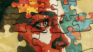 An illustration of a person trying to force a puzzle piece into the wrong space representing the confusion and frustration of memory disorders photo