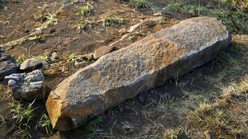 An ancient handpowered stone ter is on display its sharp blade glistening in the sunlight a representation of the physical strength and skill required in traditional masonry work photo