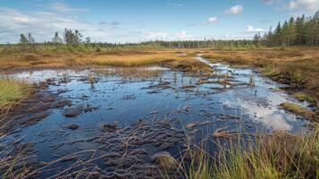 The peat bog is alive with activity as ane bubbles continuously rise and pop on the surface photo