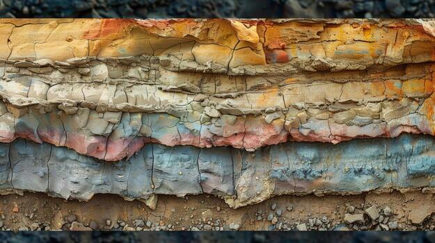 A crosssection of a chunk of lumpy clay displaying its layers and mix of colors photo