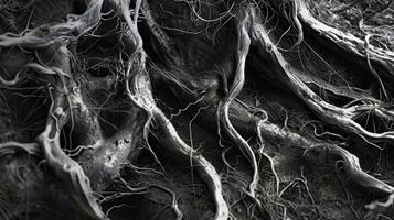 Delicate wispy strands of root hairs peeking out from the gnarled tangle providing a subtle touch of softness amidst the rugged terrain photo