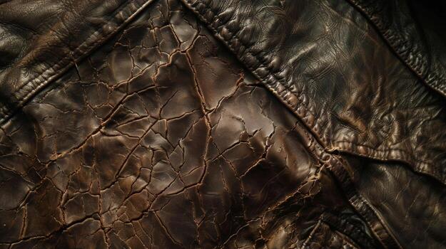 A zoomedin view of a brokenin leather jacket displaying its rough and uneven texture with tered cracks and creases photo