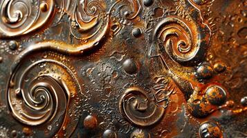 A macro shot of tarnished aluminum highlighting a variety of intricate patterns and swirls created by years of exposure to the elements photo