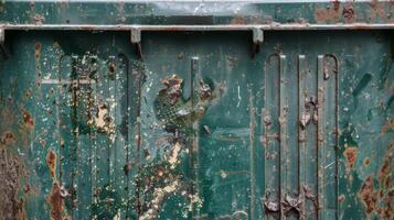 The once shiny and smooth plastic surface is now marred by deep grooves and stains adding to the overall grime of the bin photo