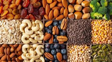 A diverse array of nuts seeds and dried fruits emphasizing the importance of incorporating these nutrientdense snacks into a balanced nutrition plan for improved brain health photo