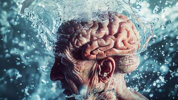 An illustration of an old brain surrounded by water droplets symbolizing the importance of hydration for brain function in the elderly photo