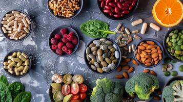 An overhead view of a variety of supplements and vitamins for brain health highlighting the importance of maintaining a balanced and nourished brain photo