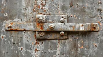 A scratched and scuffed silver latch adorned with a single faded sticker and a dull finish from years of use photo