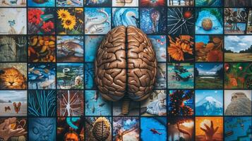 A poster with a brain surrounded by a colorful mosaic of images representing different hobbies and activities that can improve brain health photo