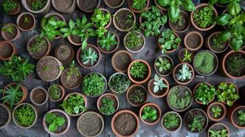 A collection of fragrant herbs and es displayed in small pots for people with sense loss to reengage with scents and es they may have forgotten photo