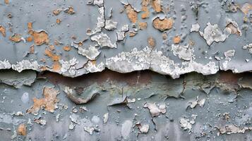 The rough and worn edges of the peeled paint frame the shiny silver metal beneath creating a stark contrast and a sense of decay photo