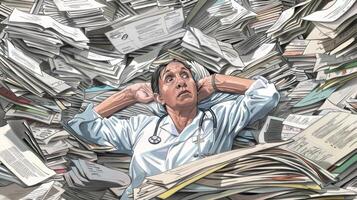 A drawing of a caregiver surrounded by a chaotic pile of paperwork and medical documents again representing the neverending responsibilities they face photo