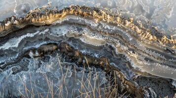 A closer look at a thaw pond reveals intricate patterns in the layers of ice evidence of the complex process of permafrost thawing photo