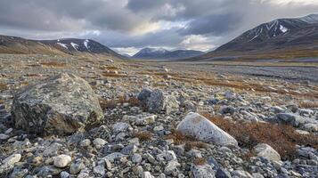 The rocky terrain of a glacial landscape is interrupted by rolling drumlins adding a sense of motion and flow photo